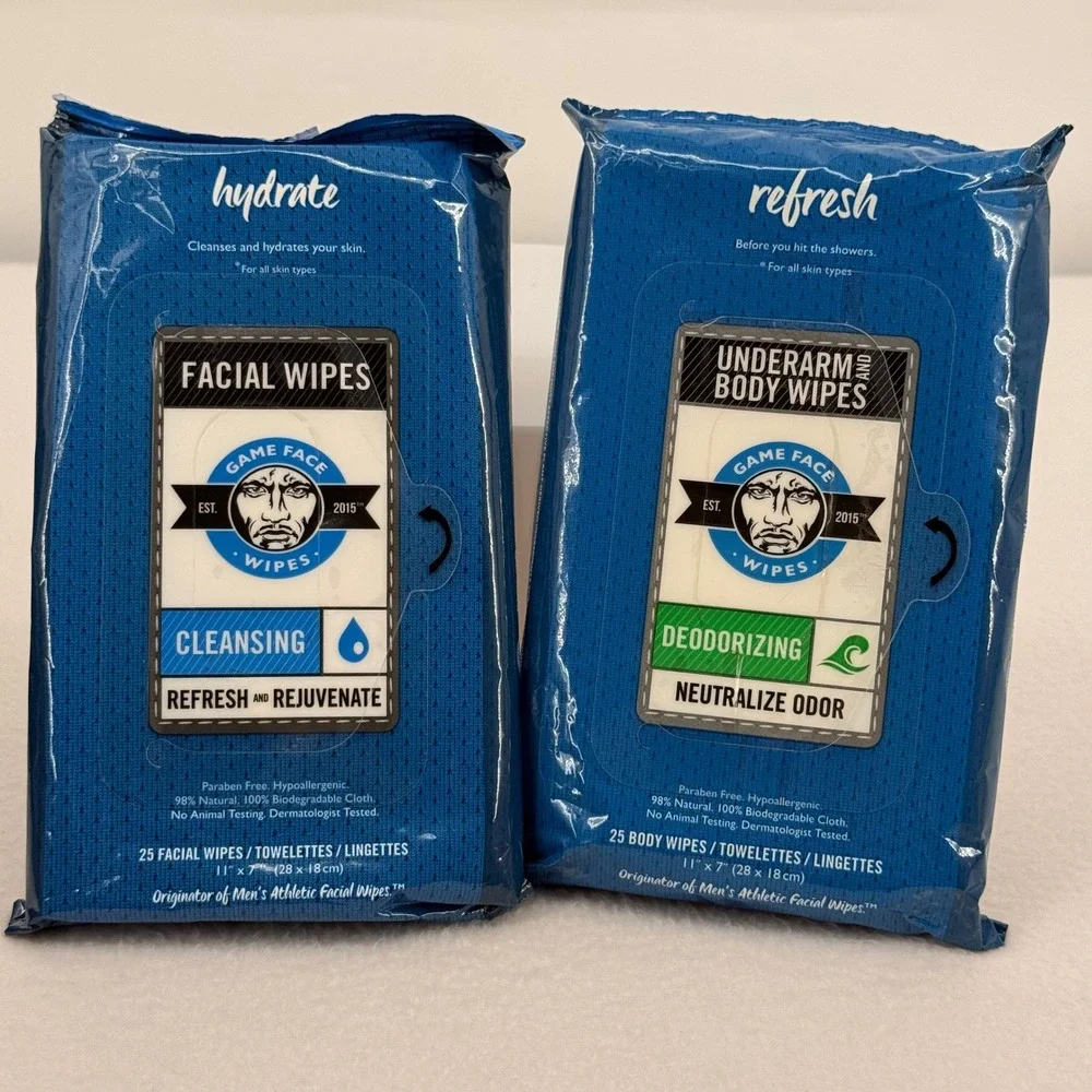 Game Face Wipes Men Athletic Facial and Body Wipes 2 Pack 25 Count Each Hydrate